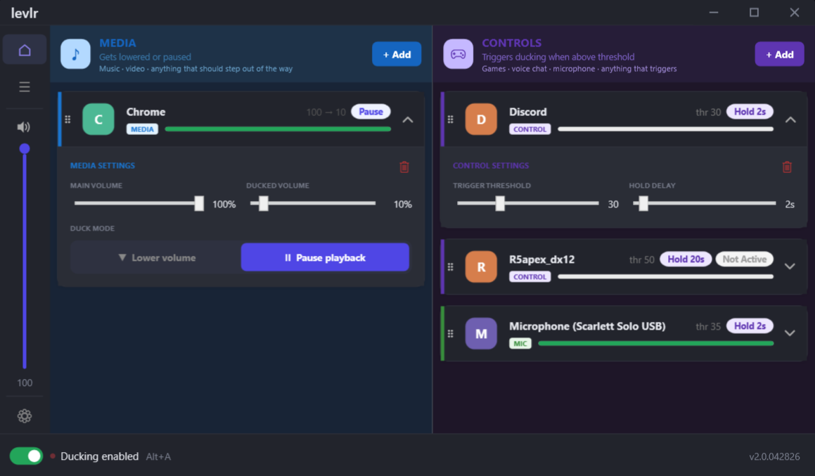 Levlr expanded media and control settings